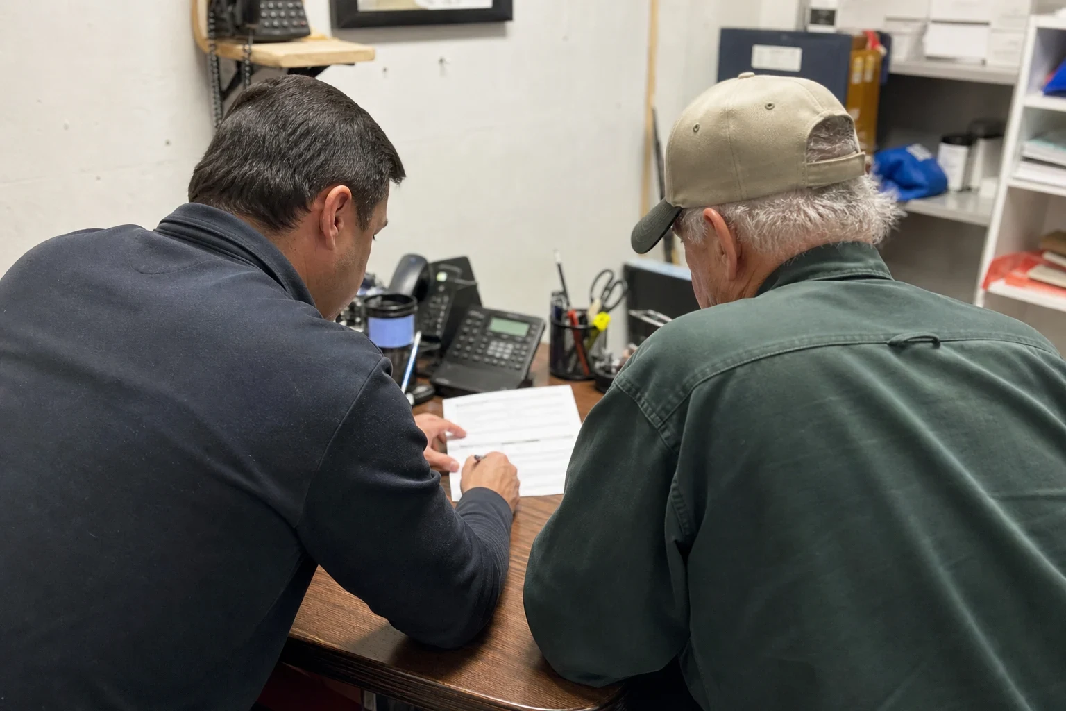 An agent and an older man in a cap review a one-page form together at a wooden desk in a small back office with phones, pen cup and shelves.
