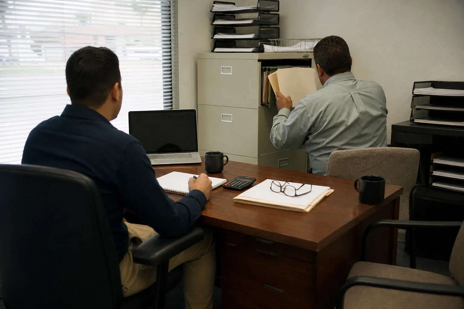 Man at an office desk with a notepad, calculator and laptop waits while another man pulls a manila folder from a beige filing cabinet.