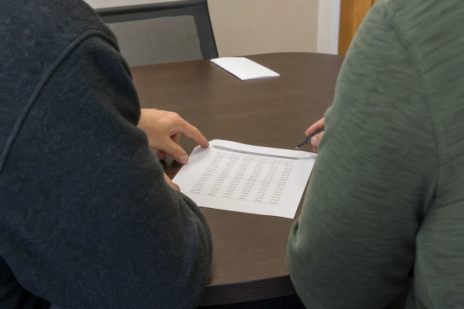 Over-the-shoulder view of two people at a dark round conference table reviewing a printed table of figures, one pointing at the page and the other holding a pen